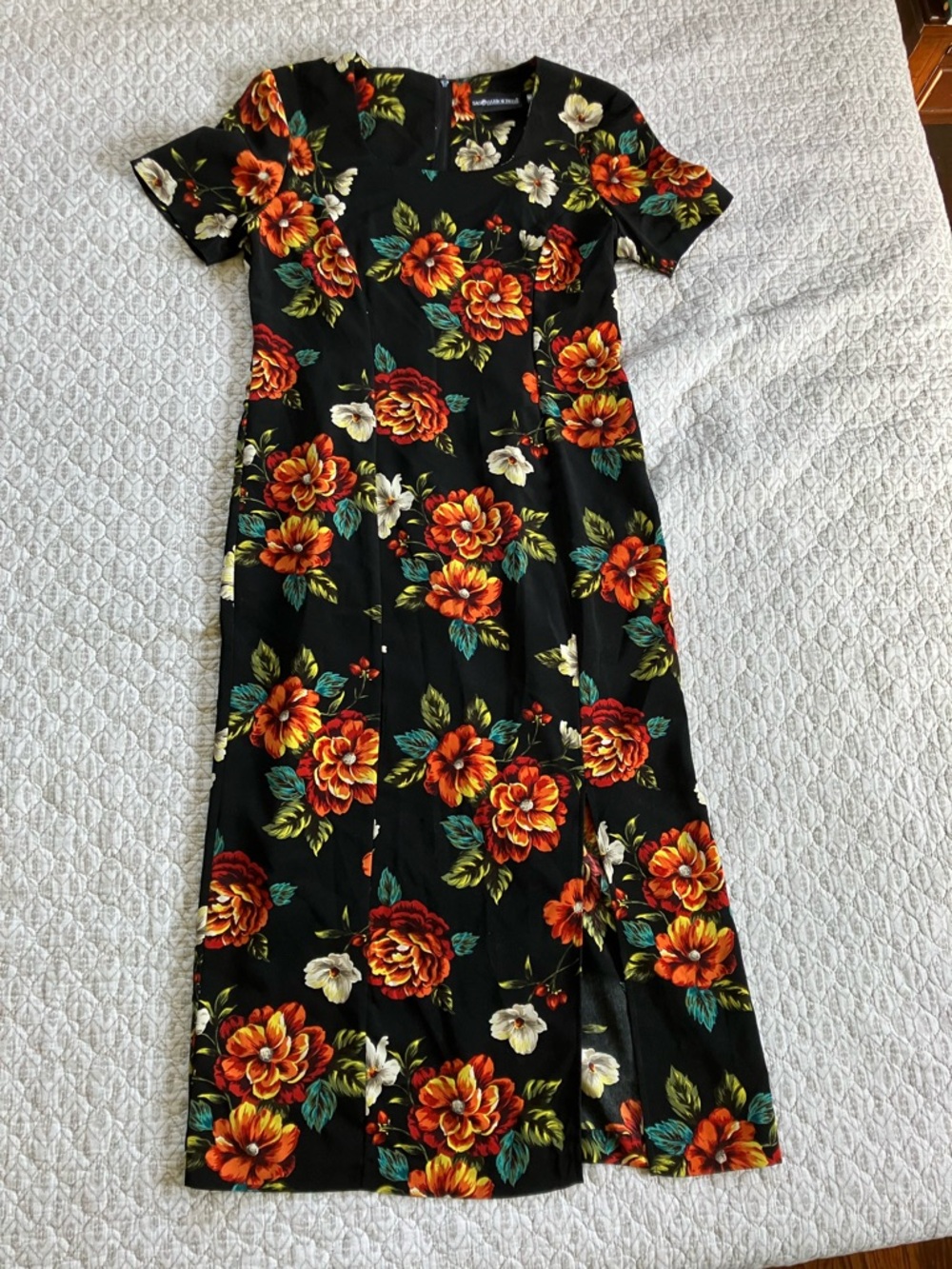 Y2K Sag Harbor Black Midi Dress with Orange and Cream Floral Print